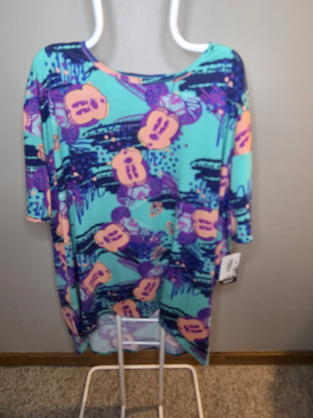LuLaRoe Irma Teal, Purple & Peach Disney Mickey Mouse Oversized Tunic Top